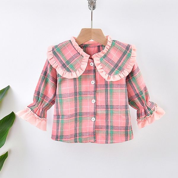 

shirts spring kids girls pink plaid peter pan collar sleeves blouses sweet style children clothes e191 ehdp, White;black
