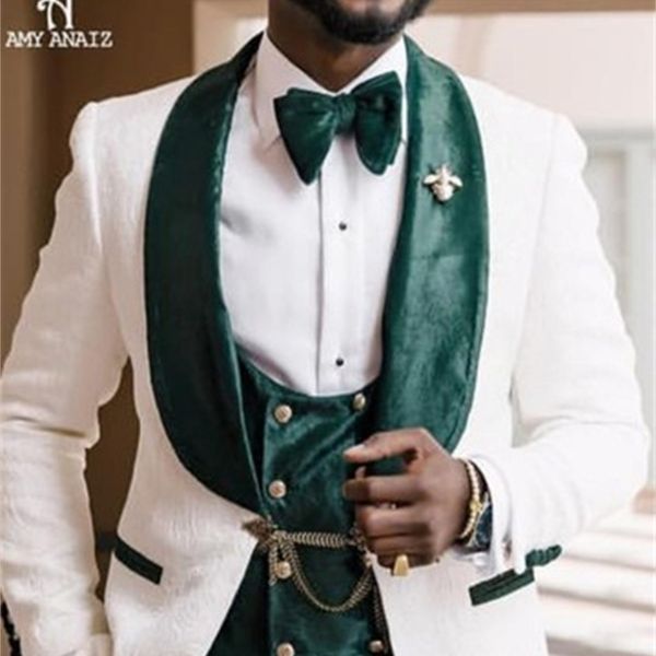 

men's suits & blazers blazer in velvet, white, green fashion, black pants, tuxedo, slim fit, three pieces, wedding, graduation party dm, White;black