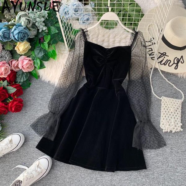 

casual dresses ayusnue 2021 spring summer women dress elegant mesh korean velvet black mini party long sleeve vestidos kj4236, Black;gray