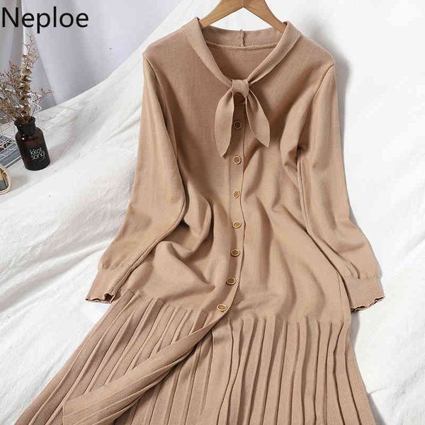 

neploe knitted dresses for women temperament single breasted vestidos lace up bow high waist slim pleated robe dress female 210422, Black;gray
