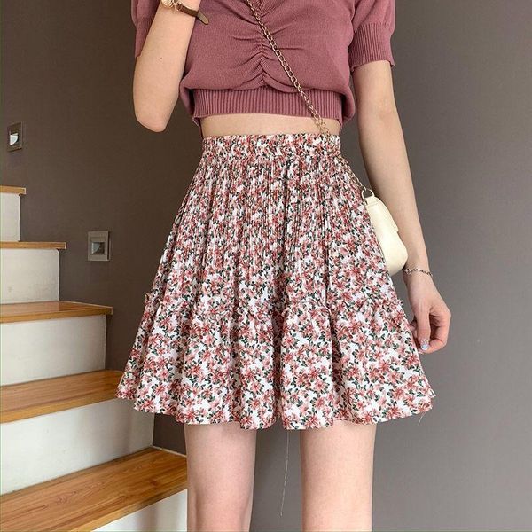 

skirts pleated skirt 2021 summer floral women's slim a-line high waist, Black