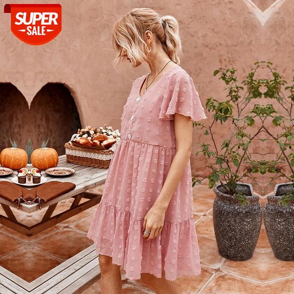 

Summer Women's Elegant Butterfly Sleeve Dress Ladies 2021 New Loose Ruffles V-neck Solid Knee-length Casual Dress #YW5z, White;black
