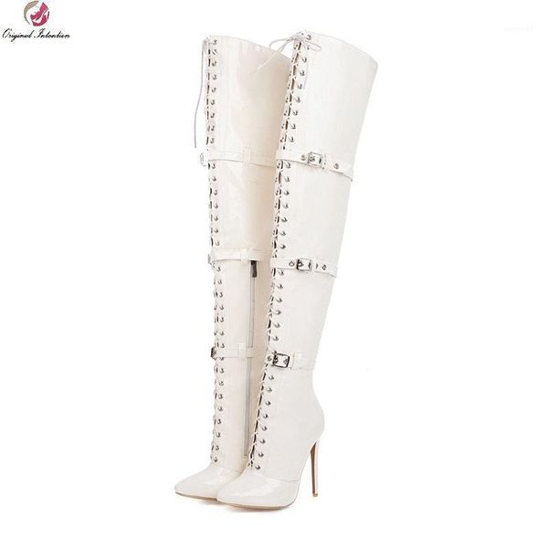 

boots women's over the knee pu leather metal decoration pointed toe bandage stiletto heels long fetish shoes big size1, Black