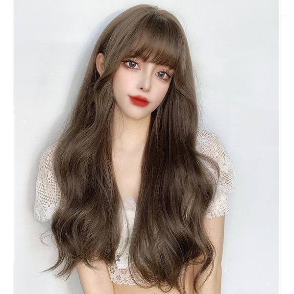 

synthetic brown-black/cold brown long wavy wig with bangs heat-resistant fiber for women wigs1