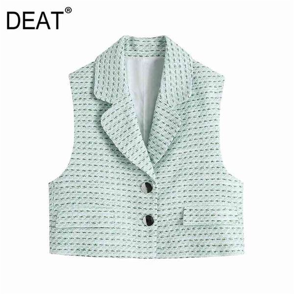 

[deat] spring summer fashion coat single-breasted turn-down collar sleeveless lattice loose women vest 13q228 210527, Black;white