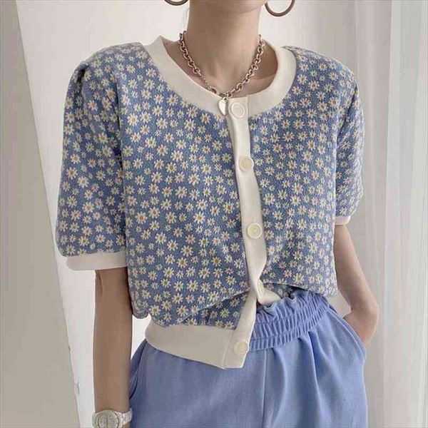 

korea style women floral sweaters printed knitted cardigans spring blue daisy print sweater crop casual loose knitwear outerwear, White;black