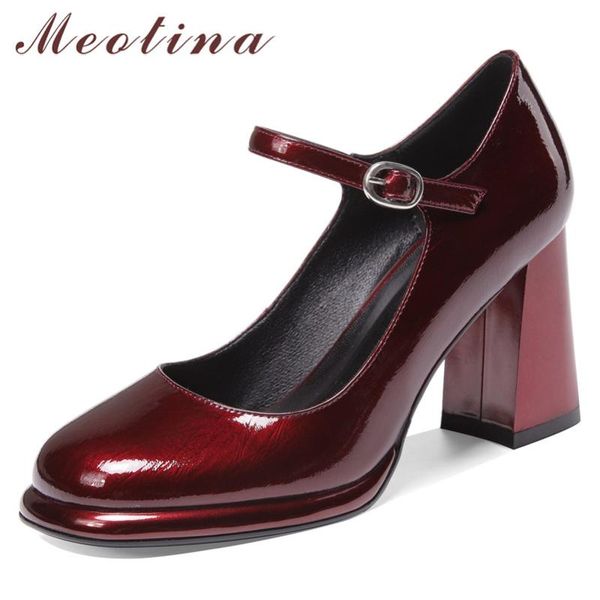 

dress shoes meotina high heels women natural genuine leather thick heel party patent buckle pumps ladies size 34-40, Black