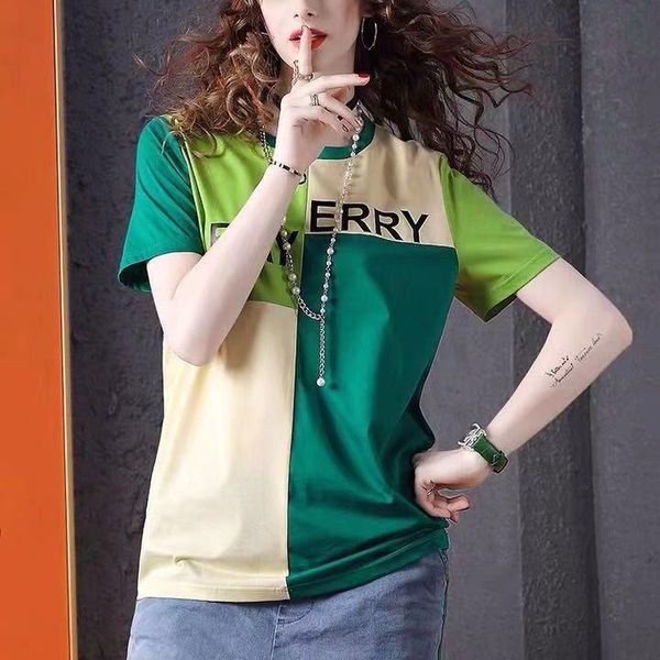 

women's t-shirt summer short sleeve 2021 fashion color contrast stitching brand print versatile round neck, White