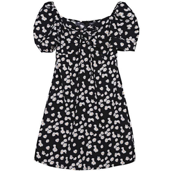 

perhaps u women daisy black flower print square collar short sleeve a line mini dress summer beach female d2649 210529, Black;gray