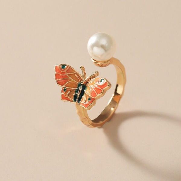

wedding rings women colorful enamel butterfly adjustable opening ring resizeable engagement pearl finger luxurious jewelry drop, Slivery;golden