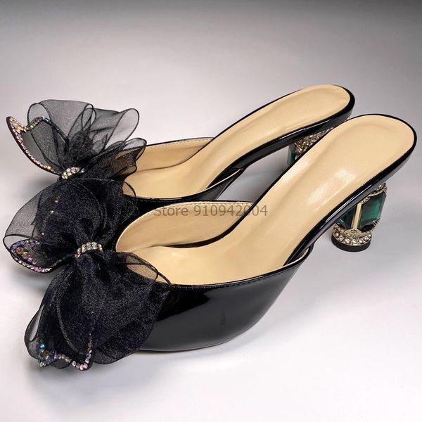 

woman flip flops lazy mullers summer shoes butterfly knot bowties slippers outdoor pointed rhinestone loafers sandal, Black