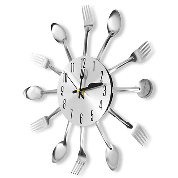 

wall clocks cutlery design clock metal knife fork spoon kitchen creative modern home decor unique style watch (silver)