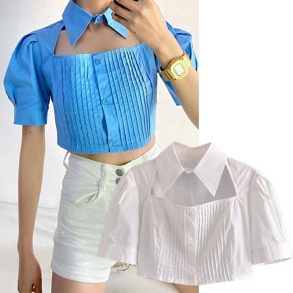 

summer women's collar french puff sleeve short white shirt hollow design slim thin blue t-shirt