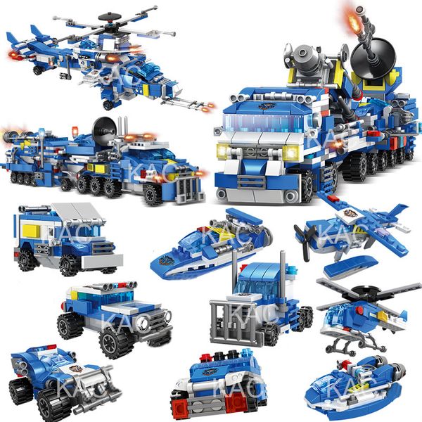 

780pcs 8in1 city police command trucks building blocks policeman car helicopter boat model bricks toys for children building toy