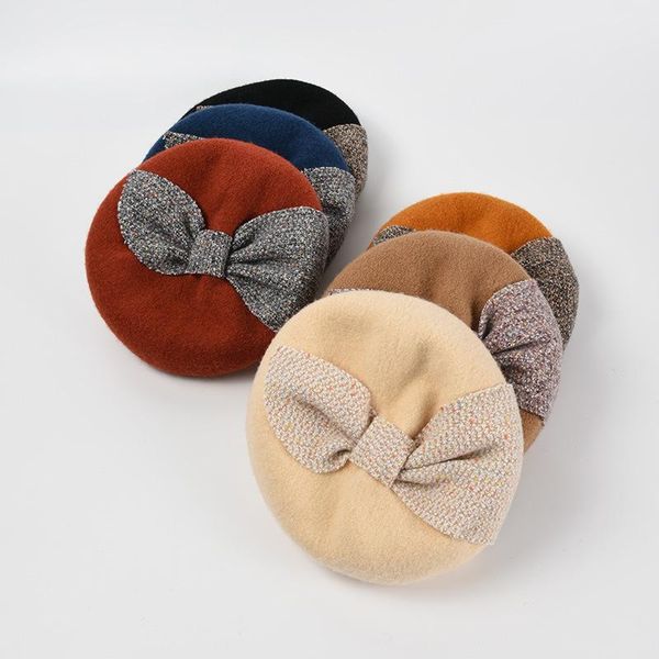 

berets british style hats for women autumn winter big bow decoration wool keep warm painter hat men cap female beret, Blue;gray