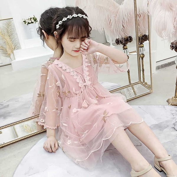 

summer girls dress new casual elegant mesh embroidery princess fluffy gauze dresses children's clothing half sleeve dress 10-12t, Red;yellow