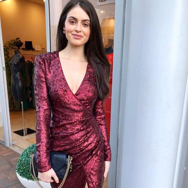 

casual dresses winter long sleeve sequin luxury evening midi bodycon autumn v-neck slit glitter night party women clothing vestido, Black;gray