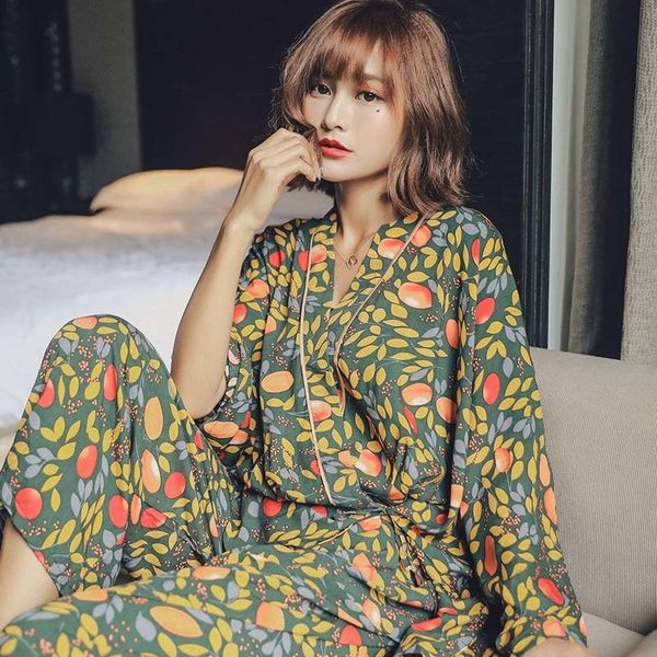 

women's sleepwear spring new ladies pajama set leaves print kimono style cotton satin thin loose comfort homewear casual wear ie0, Black;red