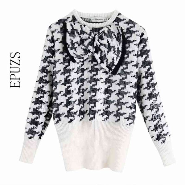 

fashion bow houndstooth sweater women knitted pullover chic winter sequined korean womens sweater 210521, White;black