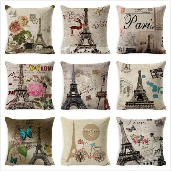 

cushion/decorative pillow cotton linen cushion cover retro vintage franch paris tower car sofa 45x45cm throw pillowcase home decor