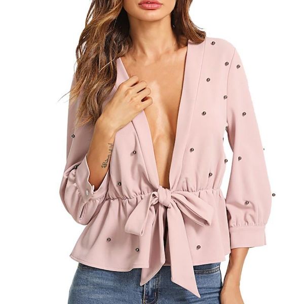 

women deep v neck bow shirt fashion waist large size s-xl chiffon long sleeve casual blouse women's blouses & shirts, White