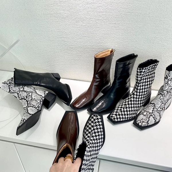 

boots dxfan snake print ankle for women square toe houndstooth med heel back zip designer botas mujer, Black