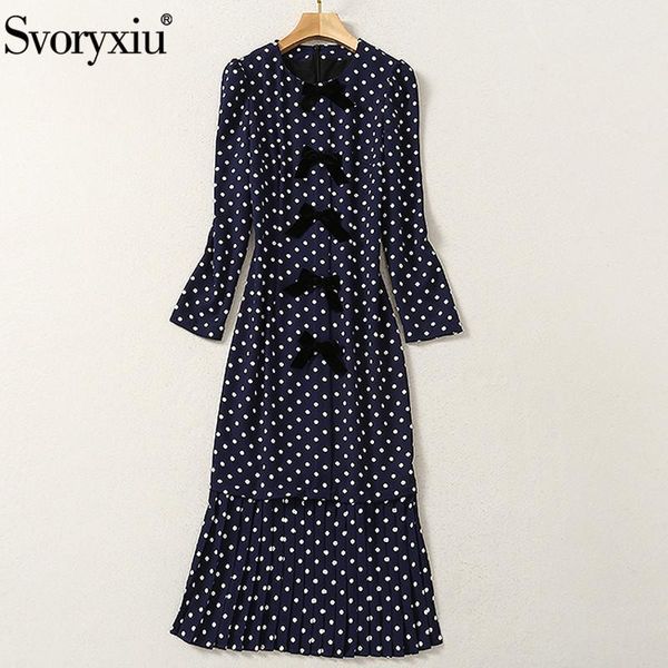 

svoryxiu designer autumn winter party mermaid long dress women's sleeve polka dot print bow elegant dresses vestdios casual, Black;gray