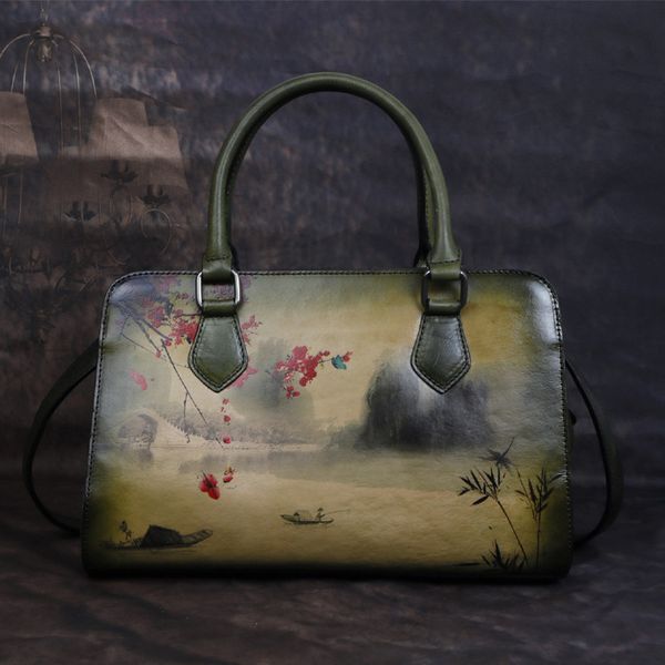 

bags wallet backpack head leather hand-painted landscape painting ink personalized chinese style hand-held women's bag, Black;red