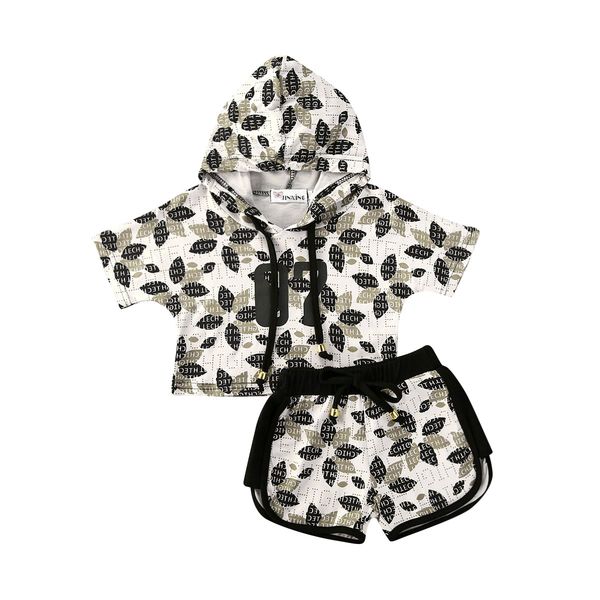 

toddler baby boys girls sport suits short sleeve hooded leaf print and shorts 2-piece outfit set 1-4y, White