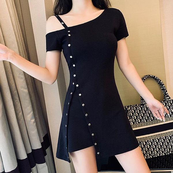 

casual dresses summer strapless irregular slim t-shirt dress solid color rivet mini, Black;gray