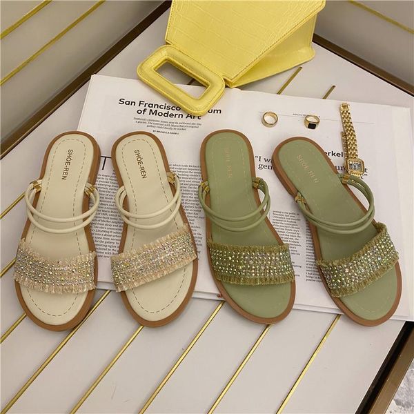 

string bead shoes slippers flat luxury slides slipers women designer 2021 summer rubber basic round toe scandals pu rome fabric, Black