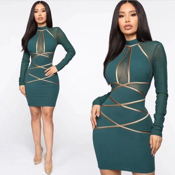 

casual dresses women winter fashion mesh long sleeve green bandage dress designer elegant evening celebrity party, Black;gray