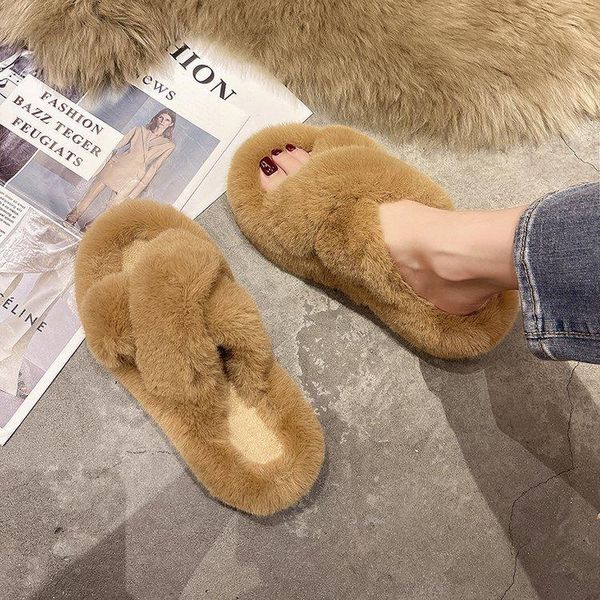 

slippers female shoes plush for adults platform slides low fashion med 2021 fur luxury rubber hoof heels pu cotton fabric rome, Black