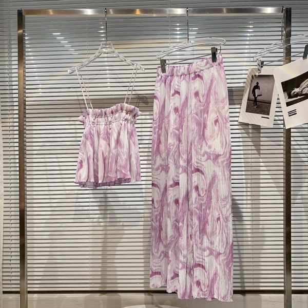 

women's two piece pants fabpop 2021 summer design sleeveless purple print camisole elastic waist long set women gc054, White
