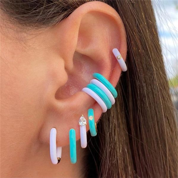 

hoop & huggie colorful enamel earrings for women zircon crystal round circle ear cuff clip goth jewelry brincos, Golden;silver