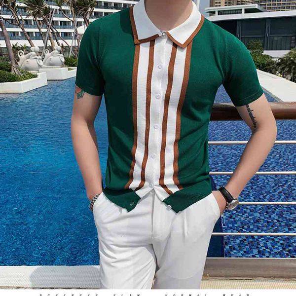 

men's polos man style stripped of silk ice knitting cardigan polo casual shirt thin cotton short sleeve high amount shirts swie, White;black