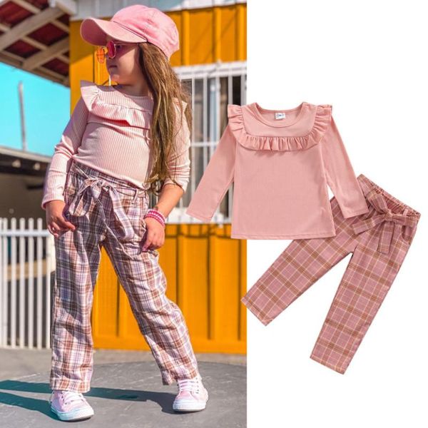 

clothing sets baby girl + plaid pants suit, long sleeve round neck ruffle knitting shirt high waist bowknot trousers spring autumn, White