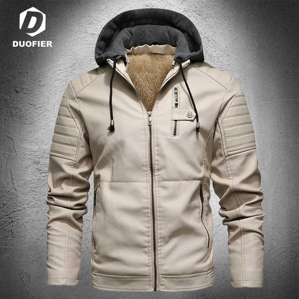 Giacca in pelle moda Uomo Autunno Fodera in pile Cappotti in pelle PU con cappuccio Abbigliamento invernale maschile Giacche da moto bianche casual 211009