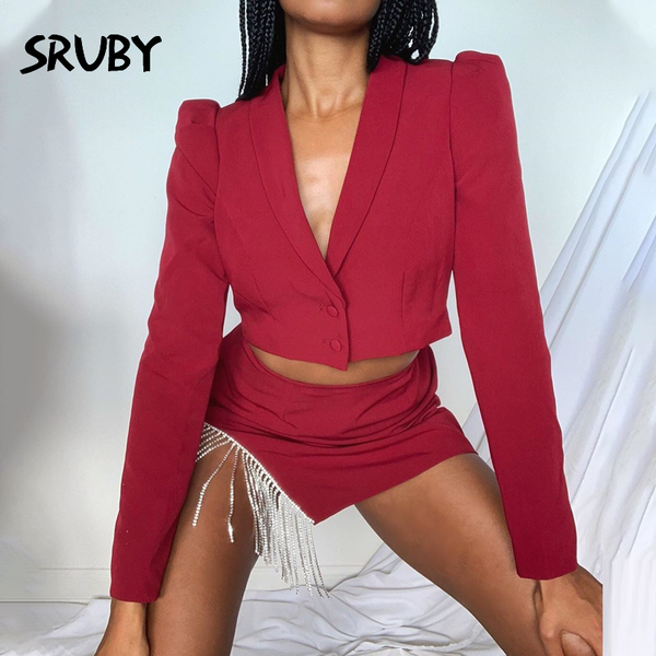 

sruby white glitter two piece set women blazer summer v neck long sleeve crop bodycon bottom suit 2 piece sets outfit, Black;white