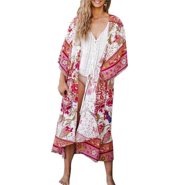 

womens loose flower print bikini cover-ups woman sunscreen beach dress adults half sleeve open front sundress women's swimwear, White;black