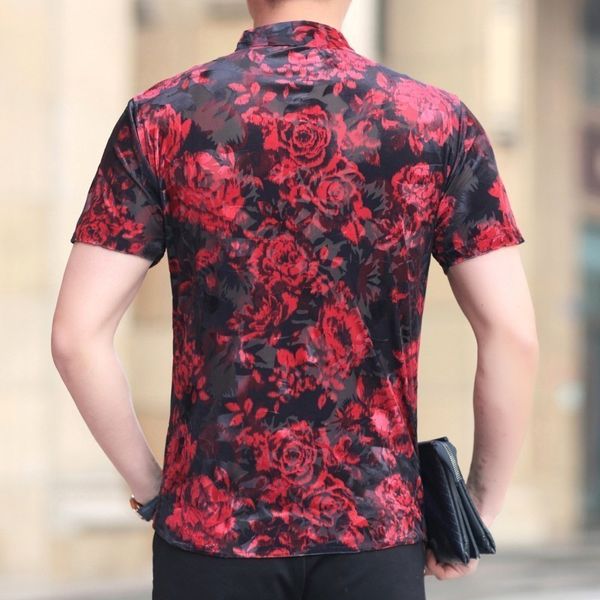 

will see red camicia uomo streetwear flower velvet short sleeve shirt, White;black