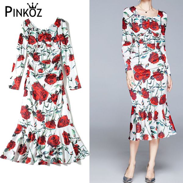

spring autumn fashion designer bodycon dress women long sleeve floral print ruched vintage mermaid party midi za 210421, White