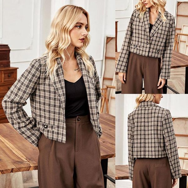

women's jackets temperament and fashion loose lapel long sleeve checked shirt autumn 2021 small suit short trend, Black;brown
