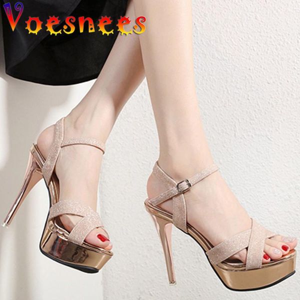 

dress shoes summer style korean matte bling sandals buckle straps platform peep toe thin women nightclub high heels party, Black