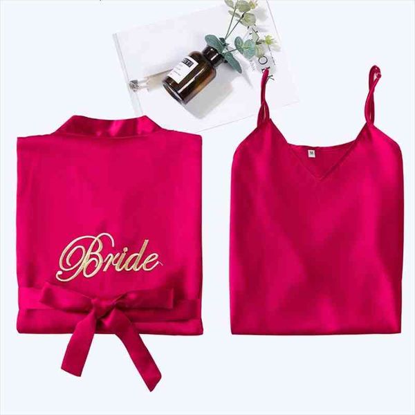 

embroidery bride bridesmaid wedding robe set women rayon 2pcs sleepwear summer casual kimono bathrobe nightgown suit l 2xl, Black;red