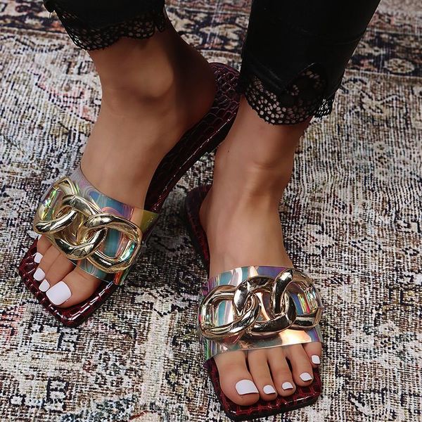 

slippers metal chain sandals women 2021 summer european and american plus size one-word slippers, flat sand beach shoes, Black