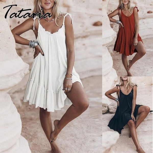 

casual dresses sling for women summer 2021 backless mini dress ruffle thin soft cotton beach loose lace up boho felmae, Black;gray