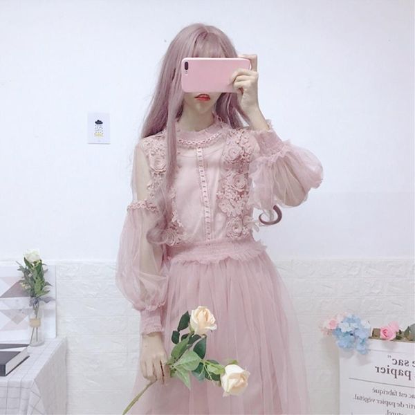 

casual dresses sweet women's clothing fashion mash lace kawaii women dress hipster ulzzang stand lantern sleeve korean, Black;gray