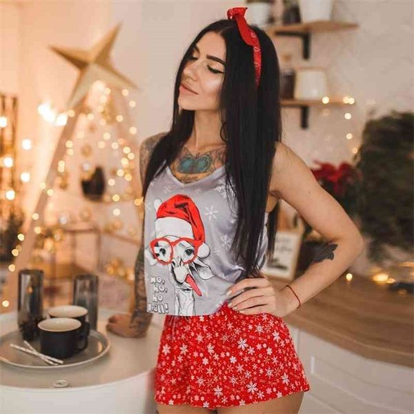 

hiloc camel animal print satin sleepwear women pajama christmas pjs nightwear sleeveless pajamas with shorts two piece set 210325, Black;red