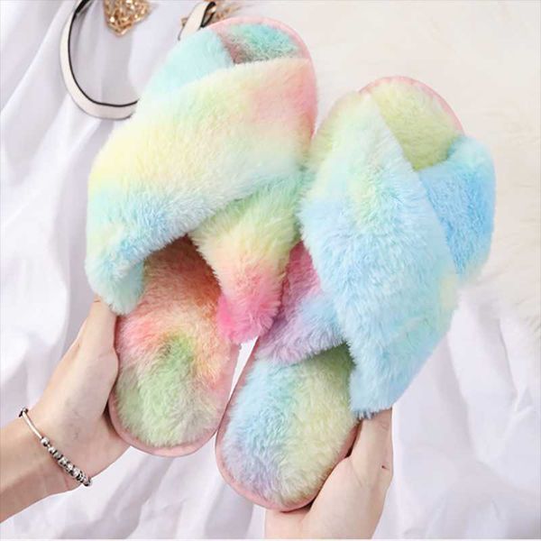 

women home slippers rainbow winter warm shoes woman slip on flats slides female faux fur, Black